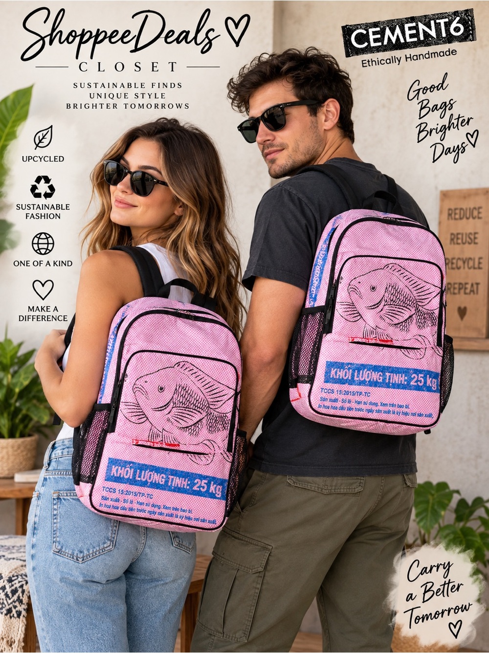 CEMENT6 Upcycled Pink Fish Feed Sack Backpack Sustainable Handmade Bag